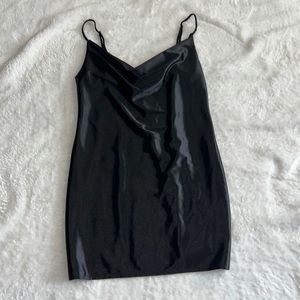 NWT Guess cowl neck jet black satin stretchy mini dress